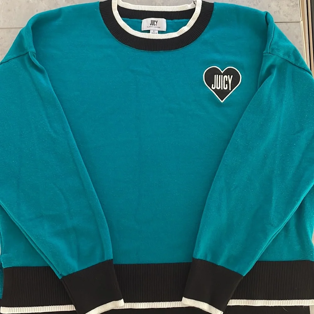 JUICY by Juicy Couture Women's Long Sleeve Heart Patch Teal Crew‎ Neck Sweater L